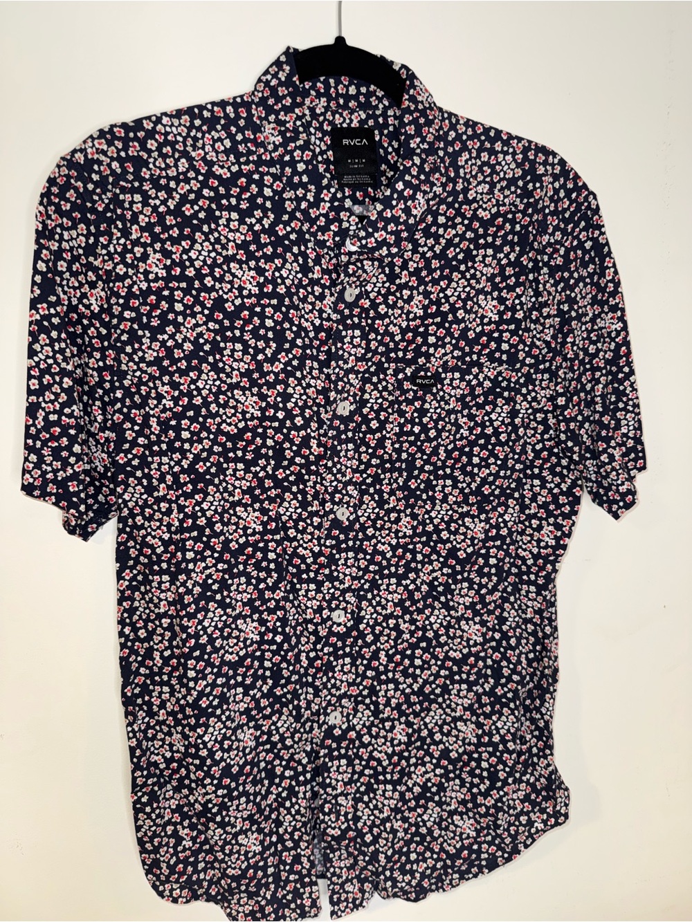 RVCA Men’s M Slim Fit Floral Short Sleeve Button Up Navy